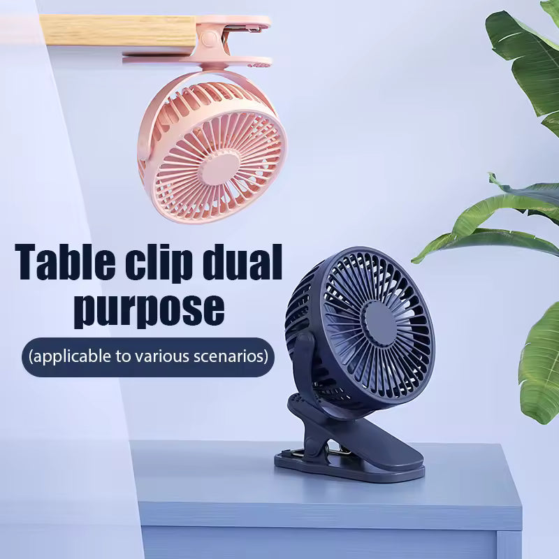 Clarify.pk USB rechargeable clip-on fan in black and pink for table or hanging use
