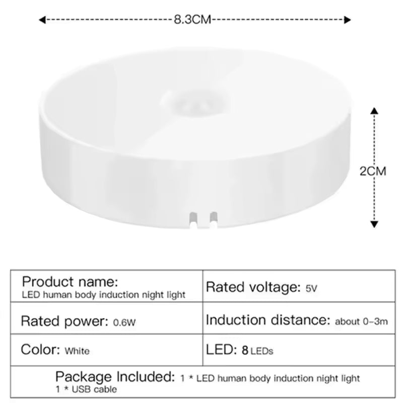 USB rechargeable closet lamp white round LED night light with human body induction and 8 LEDs