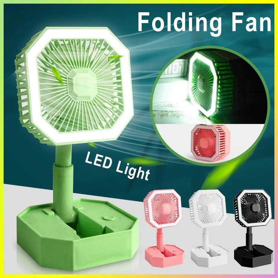 USB rechargeable mini fan in multiple colors with LED light and folding design for portability