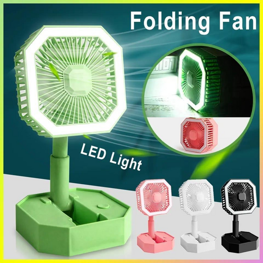 USB rechargeable mini fan in multiple colors with LED light and folding design for portability