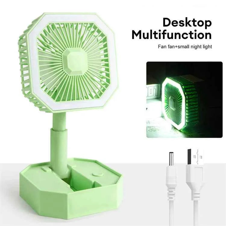 USB rechargeable mini fan in green color with multifunctional design and built-in night light