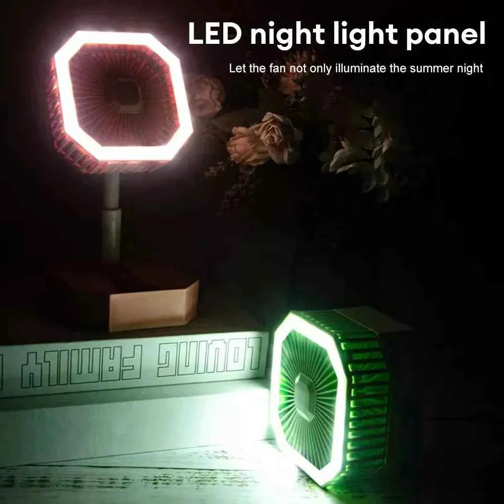 USB rechargeable mini fan with LED night light panel for summer nights and illumination