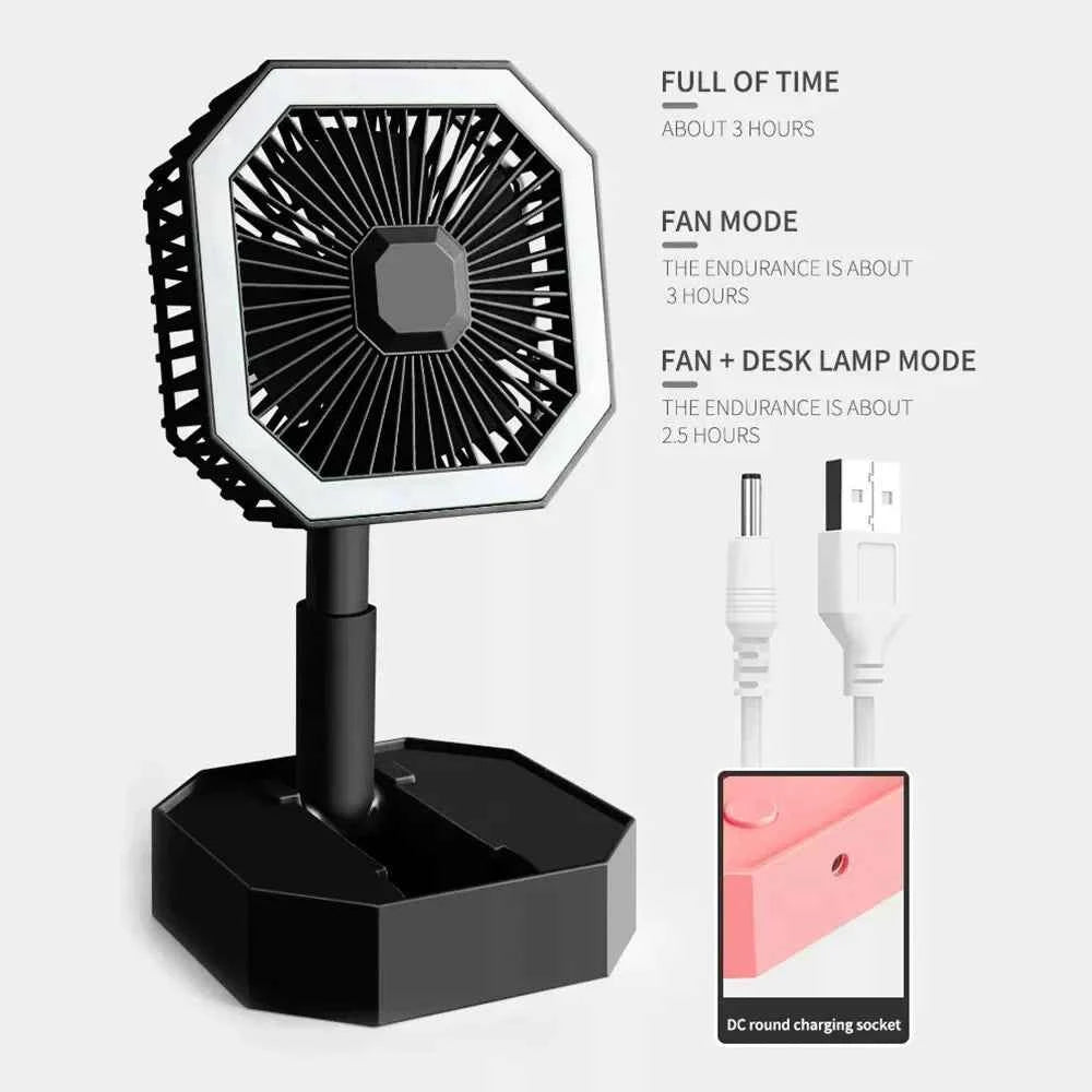 USB rechargeable mini fan with adjustable desk lamp and multiple speed settings