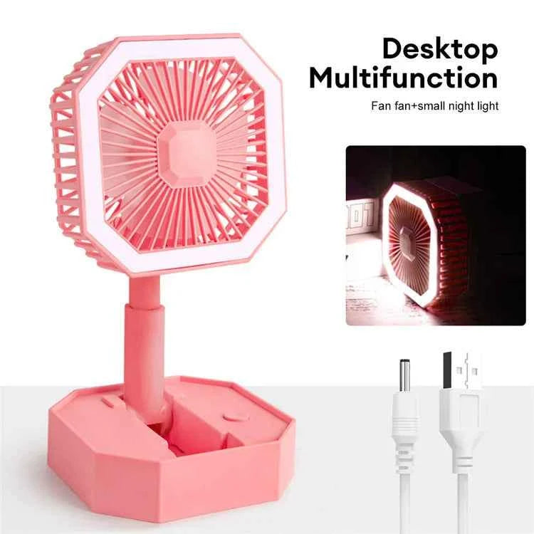 USB rechargeable mini fan in pink with a multifunction desktop design and small night light feature
