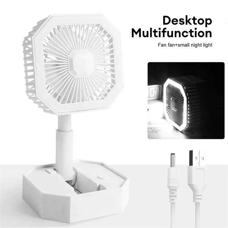 USB rechargeable mini fan with adjustable angles and built-in night light for desktop use