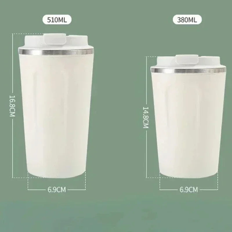 White vacuum thermos bottle for tea and coffee in 510ml and 380ml sizes with stainless steel rims