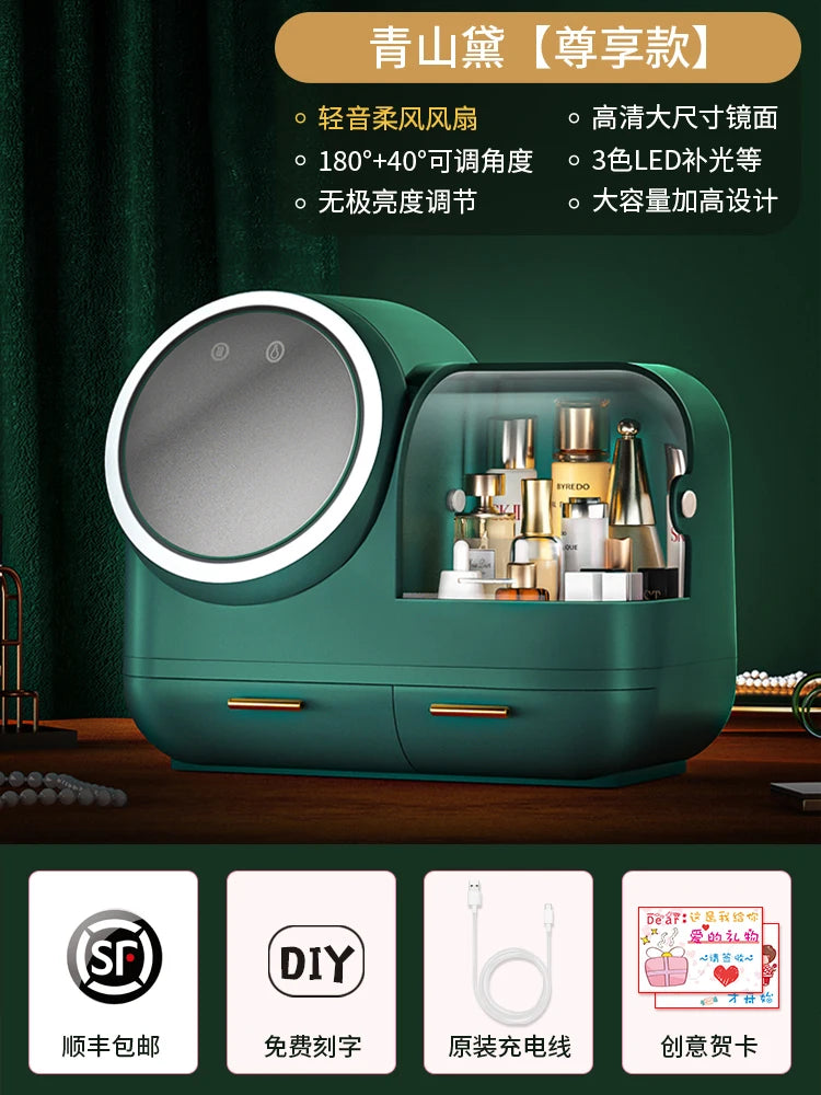 Clarify.pk vanity storage box with mirror in green featuring LED lighting and organized cosmetic storage