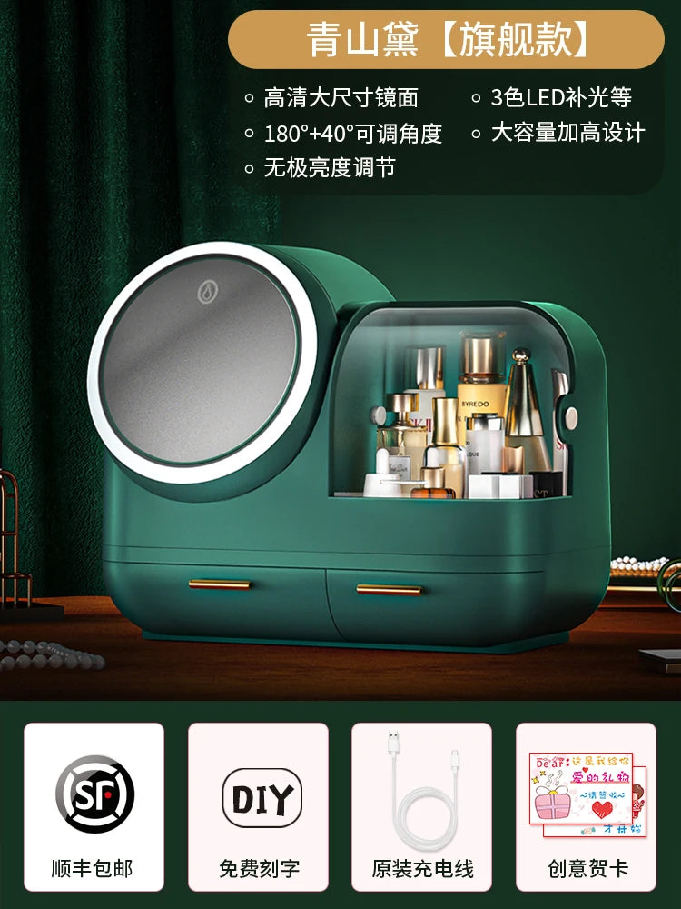 Clarify.pk vanity storage box with mirror in green featuring LED lights and spacious compartments