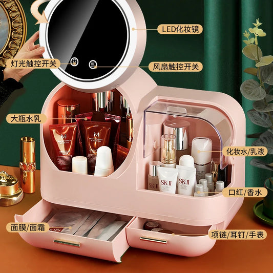 Clarify.pk vanity storage box with mirror featuring LED light and multiple compartments for cosmetics and jewelry
