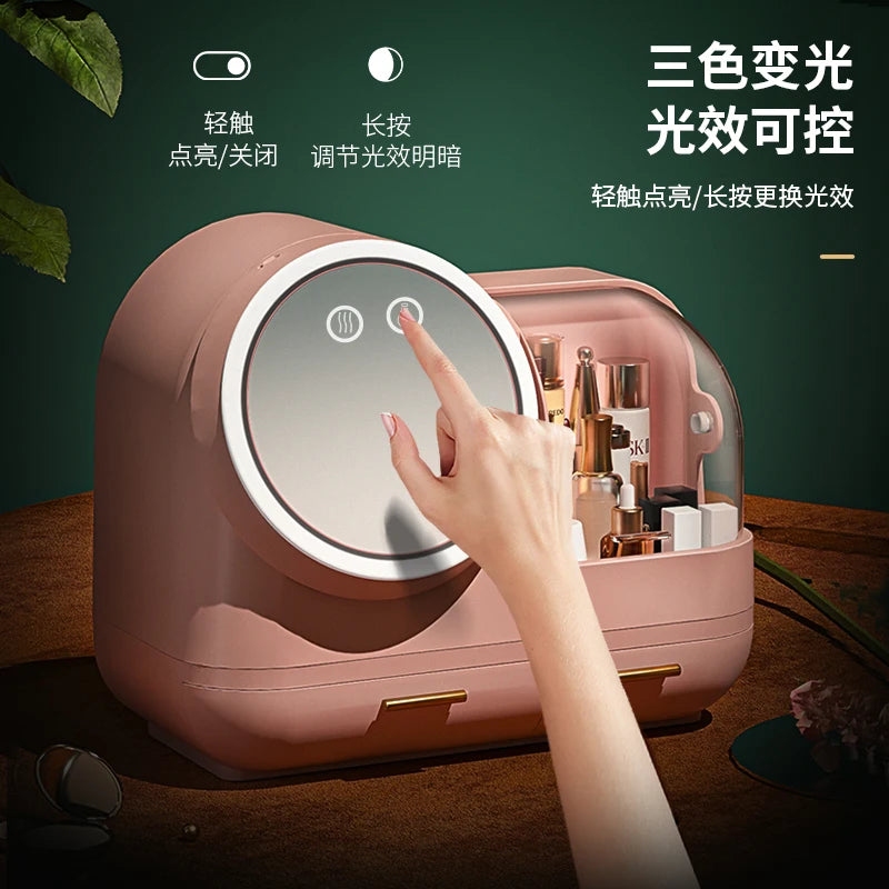 Clarify.pk vanity storage box with mirror and touch control for organizing cosmetics and skincare products
