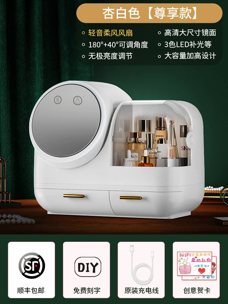 Clarify.pk vanity storage box with mirror in white featuring LED lights and spacious compartments