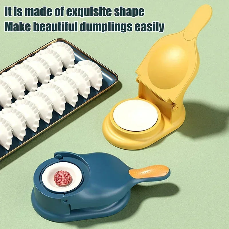 Clarify.pk 2 in 1 dumpling maker in yellow and blue with prepared dumplings on a tray