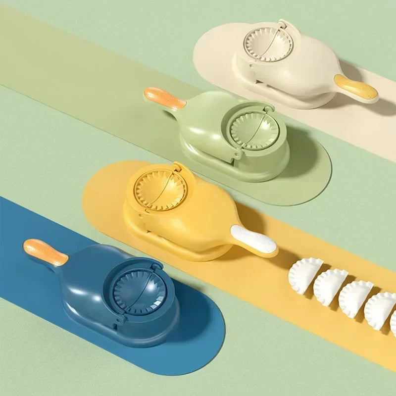 Clarify.pk 2 in 1 dumpling maker set in blue yellow green and white with wooden handles and dumplings