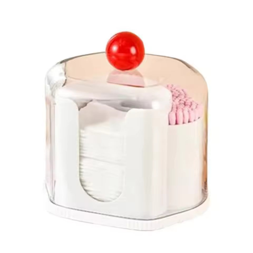 Clarify.pk 2 in 1 qtip holder with transparent cover and red knob storing cotton pads and pink qtips