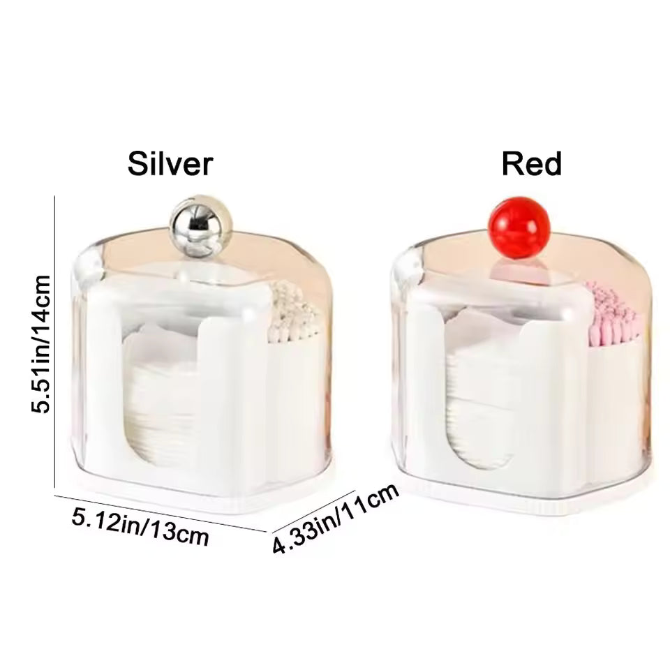Clarify.pk 2 in 1 qtip holder in silver and red with separate compartments for cotton pads and qtips