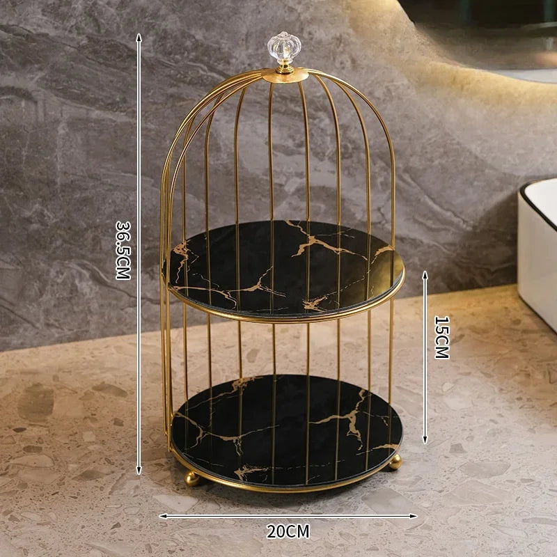 Elegant 2 tier cosmetic storage rack with black marble shelves and gold metal frame by Clarify.pk