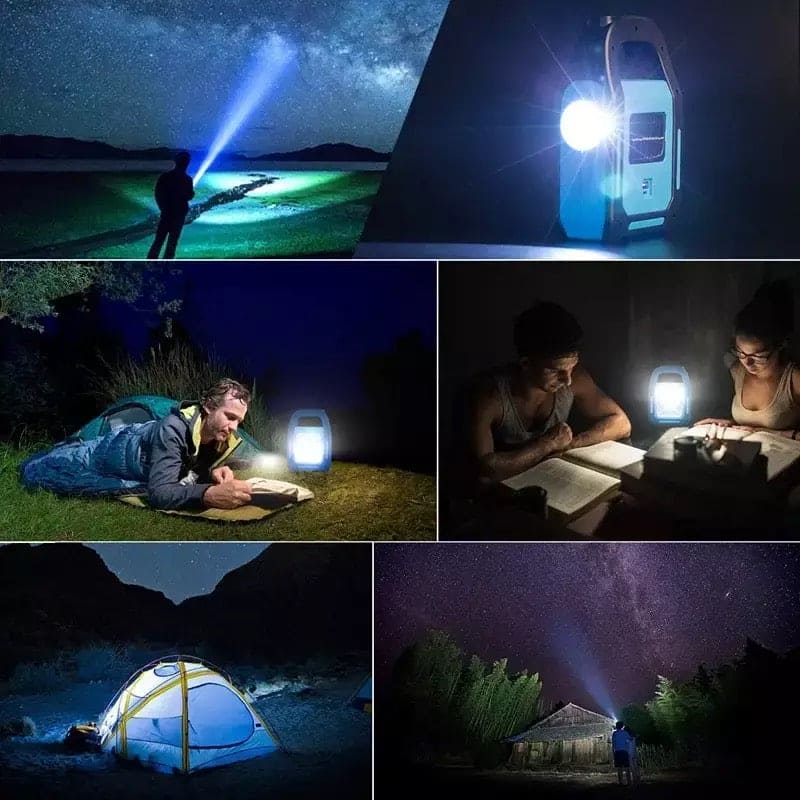 3 in 1 solar flashlight with spotlight showing powerful beam and portable lantern for camping and outdoor use