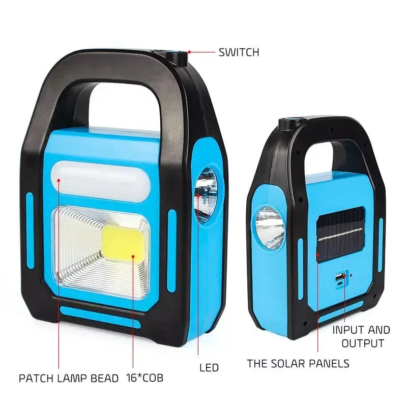 Clarify.pk 3 in 1 solar flashlight with spotlight in blue and black with solar panels and LED patch lamp bead
