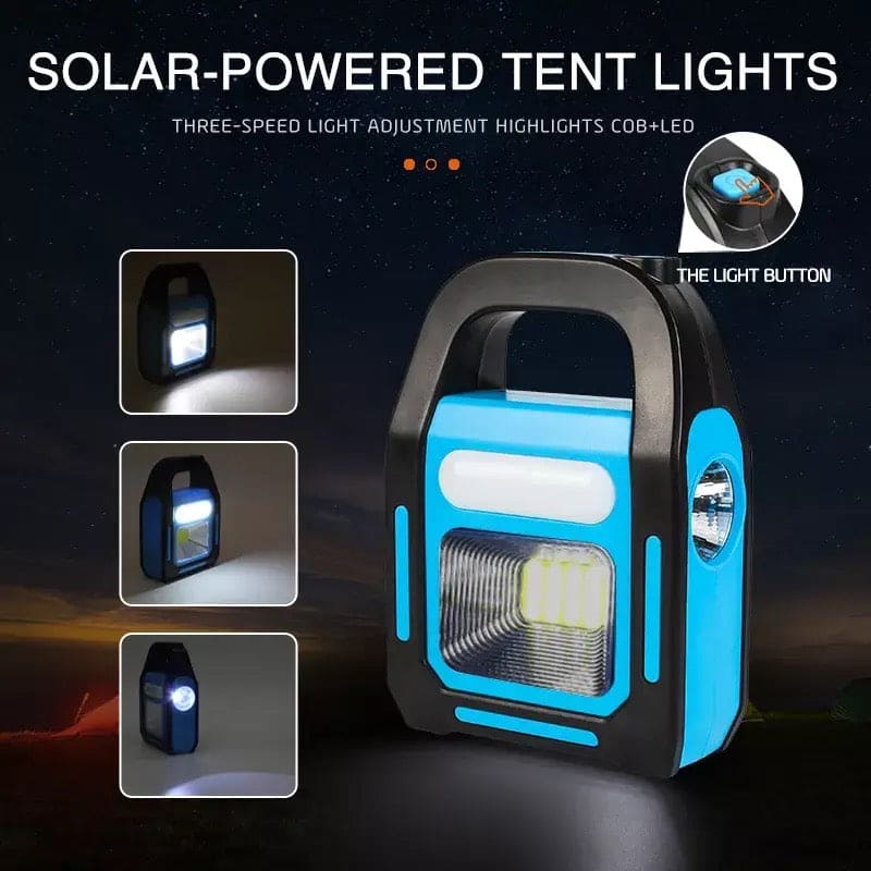 3 in 1 solar flashlight with spotlight by Clarify.pk showing solar-powered tent light with three-speed light adjustment