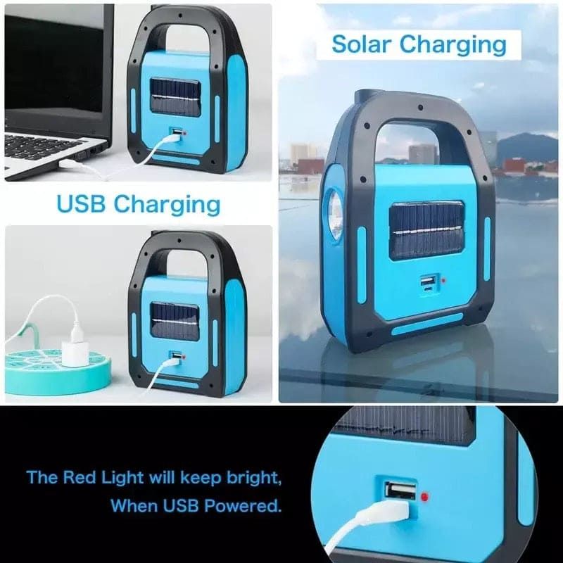 Clarify.pk 3 in 1 solar flashlight with spotlight showing solar and USB charging features