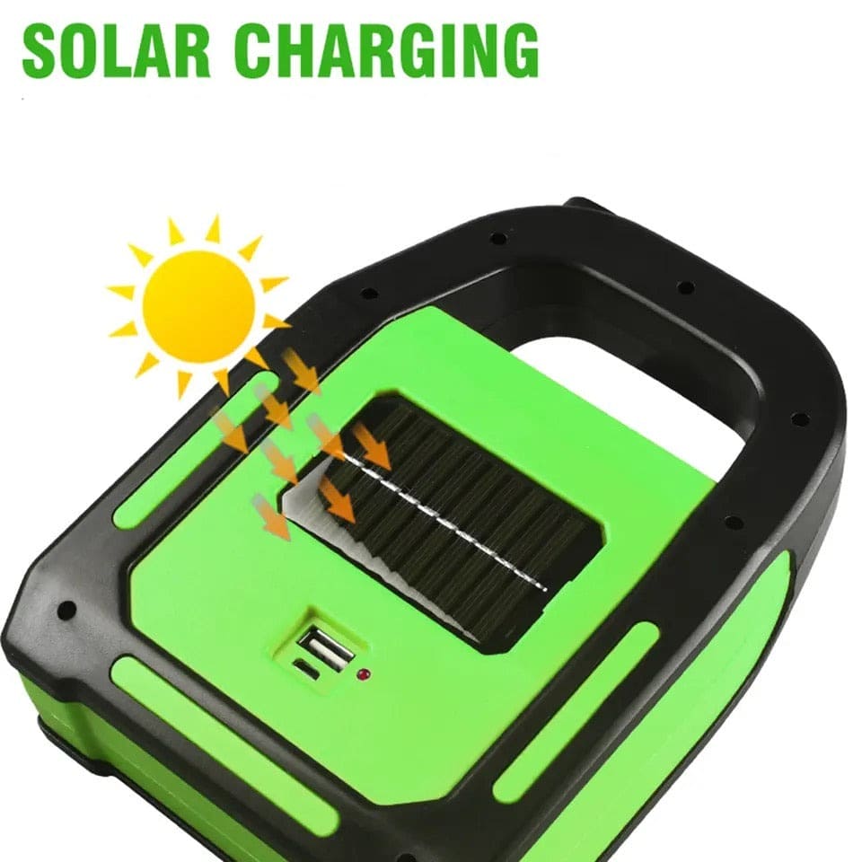 3 in 1 solar flashlight with spotlight featuring green solar charging panel and USB port