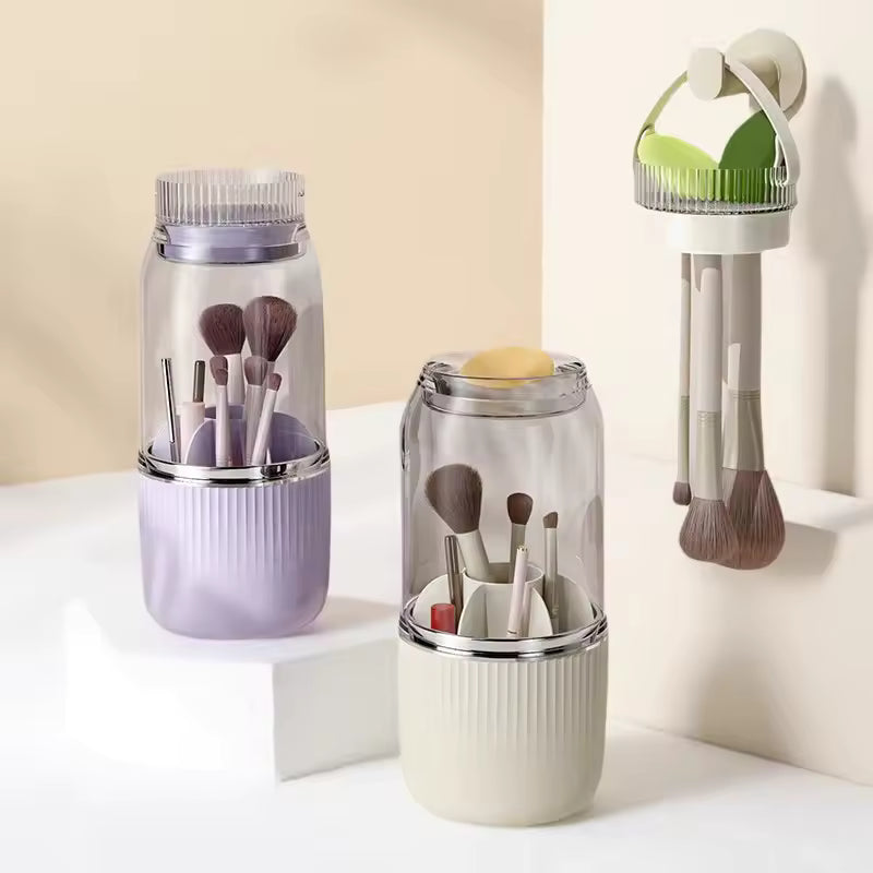 Clarify.pk brushes stored in a 360 degree makeup organizer with rotating compartments in purple and white