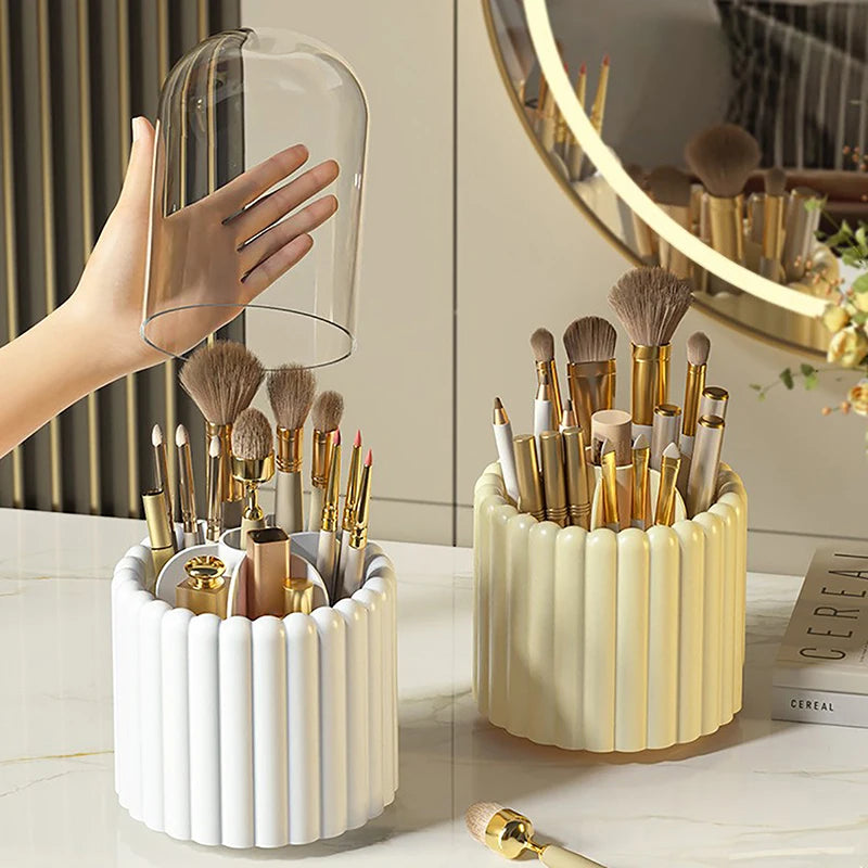 360 degree rotating cosmetic organizer holding various makeup brushes and tools with a transparent cover