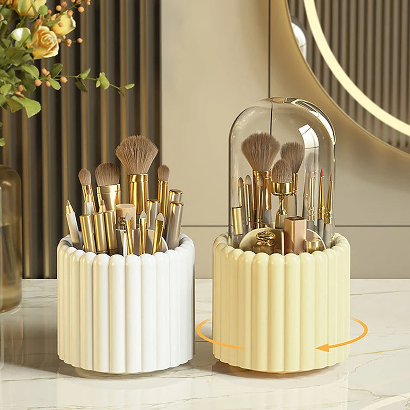 Clarify.pk brushes stored in a 360 degree rotating cosmetic organizer with white and beige compartments