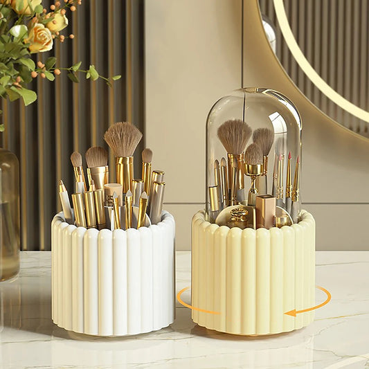 Clarify.pk brushes stored in a 360 degree rotating cosmetic organizer with white and beige compartments