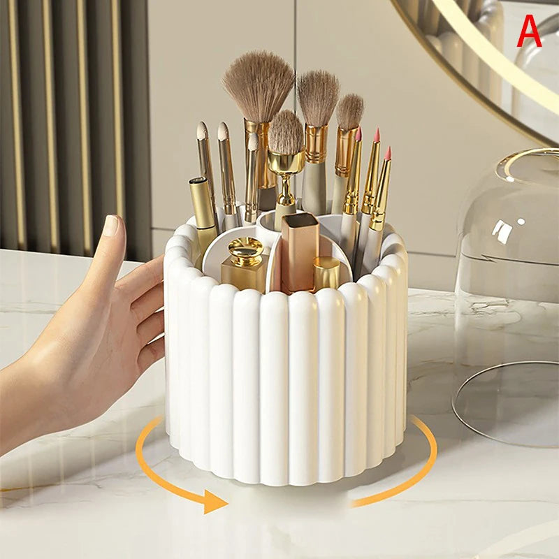 Clarify.pk 360 degree rotating cosmetic organizer holding makeup brushes and beauty products on marble surface