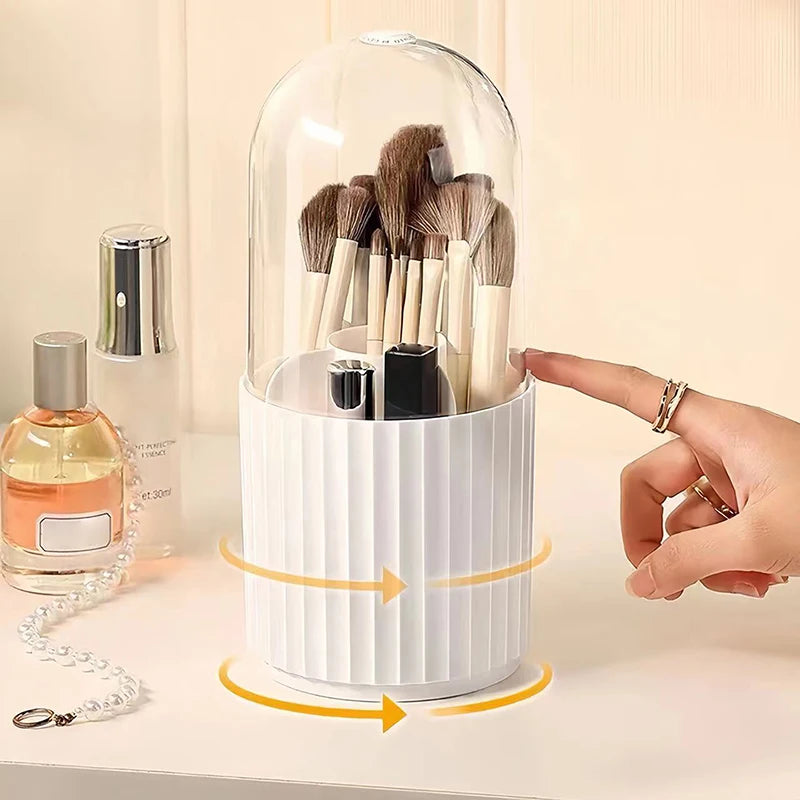 Clarify.pk white 360 degree rotating cosmetic organizer holding makeup brushes and lipsticks with a hand rotating it