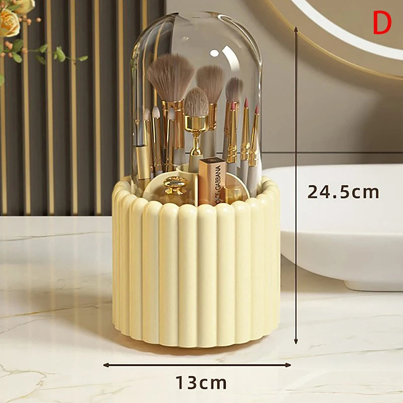 Clarify.pk 360 degree rotating cosmetic organizer with soft makeup brushes inside on marble surface