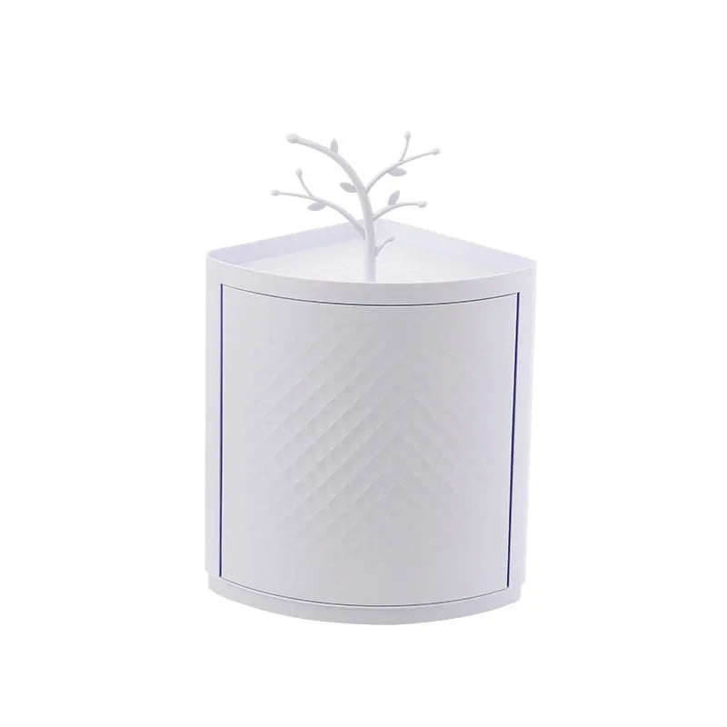 Clarify.pk white 360 rotating bathroom organizer with tree-shaped hooks and textured front panel