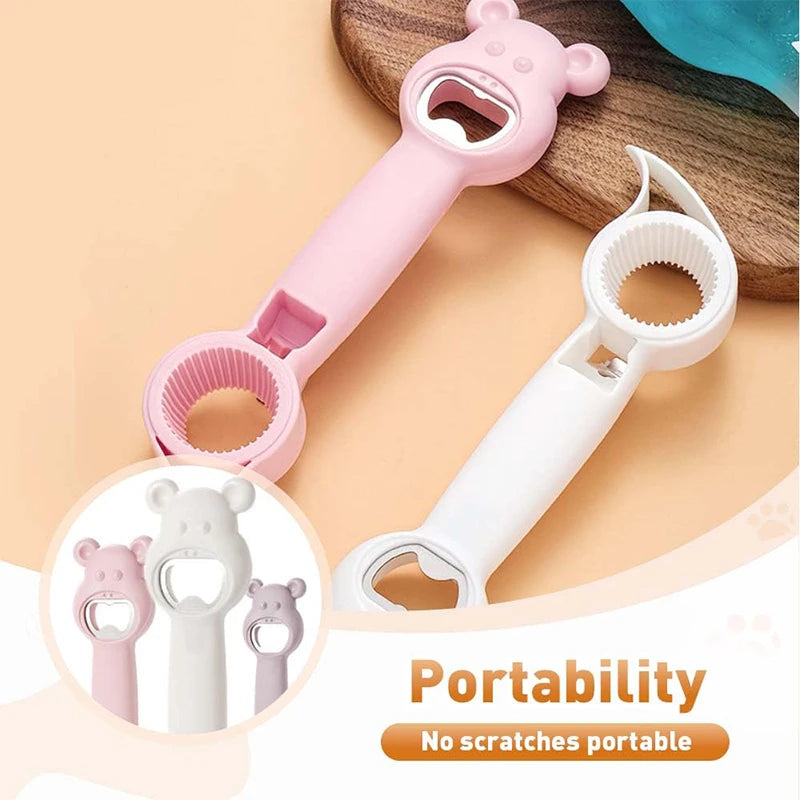 4 in 1 can and bottle opener in pink and white with bear-shaped handles for easy grip
