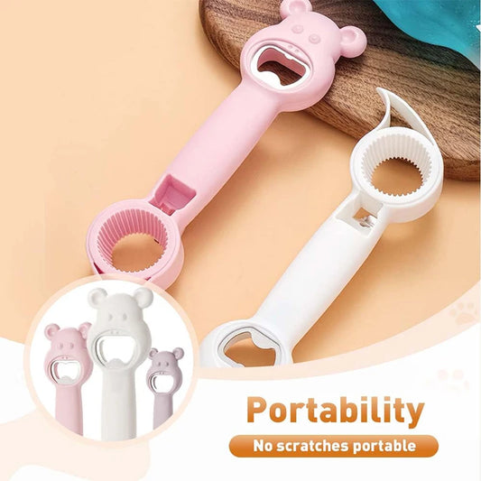 4 in 1 can and bottle opener in pink and white with bear-shaped handles for easy grip