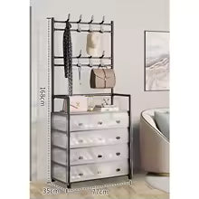 Black 5-layer shoe and coat rack with multiple hooks and drawers for organized storage