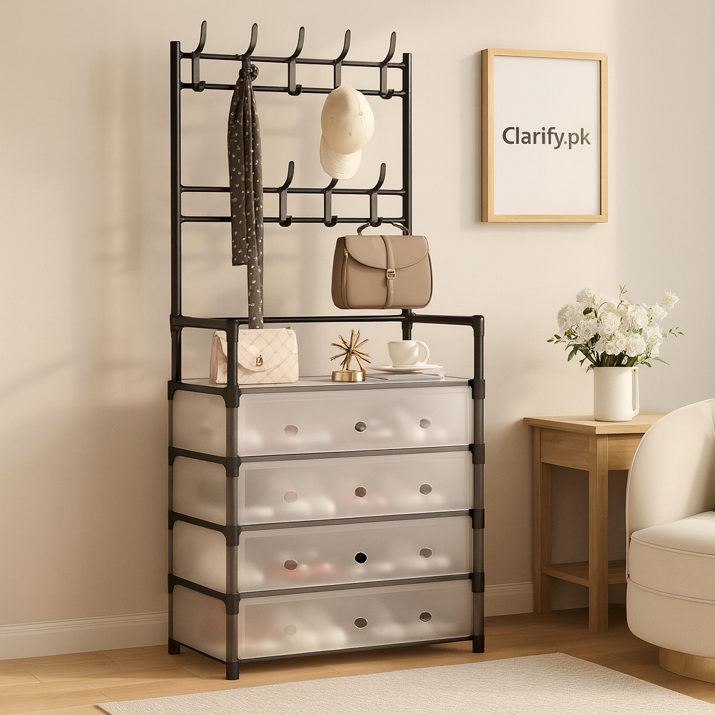 Clarify.pk 5-layer shoe and coat rack with black metal frame and storage drawers in living room