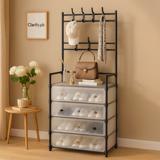 Clarify.pk 5-layer shoe and coat rack with hooks hanging hat and scarf and frosted drawers holding shoes