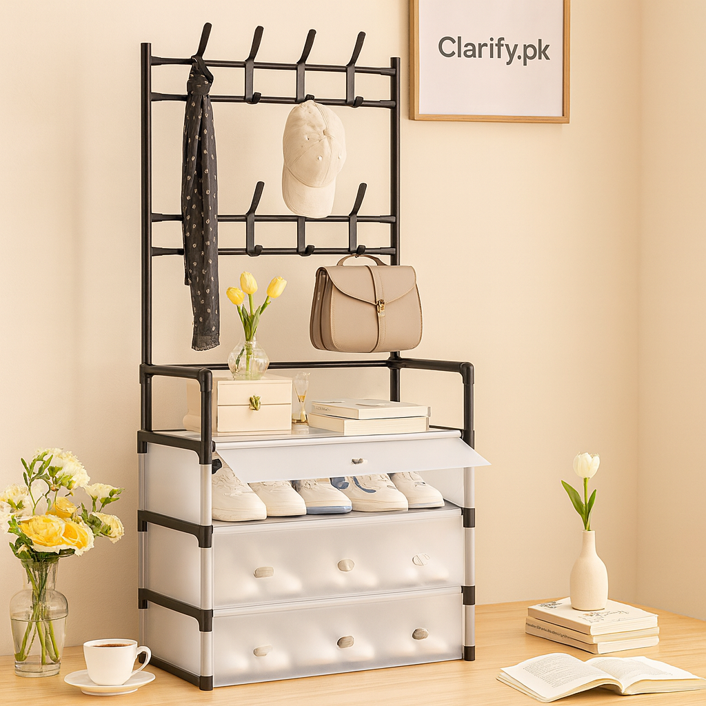 5-layer shoe and coat rack by Clarify.pk with hanging hooks and storage drawers in modern room