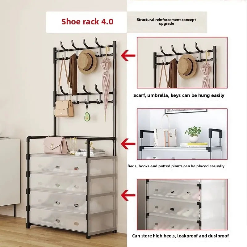 Clarify.pk 5-layer shoe and coat rack with hooks for hats, scarves, and umbrellas, plus storage drawers for shoes and accessories