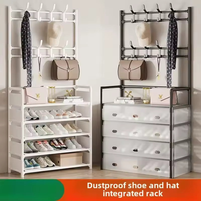 Clarify.pk 5-layer shoe and coat rack in white and black with hooks for hats, scarves, and shelves for shoes