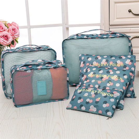 6 piece luggage organizer set with floral design including packing cubes and laundry pouches by Clarify.pk