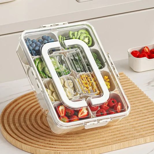 Clear 8 compartments snack container with fresh fruits and vegetables by Clarify.pk on wooden board
