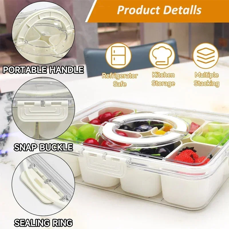 8 compartments snack container with portable handle, snap buckle, sealing ring, and multiple stacking features