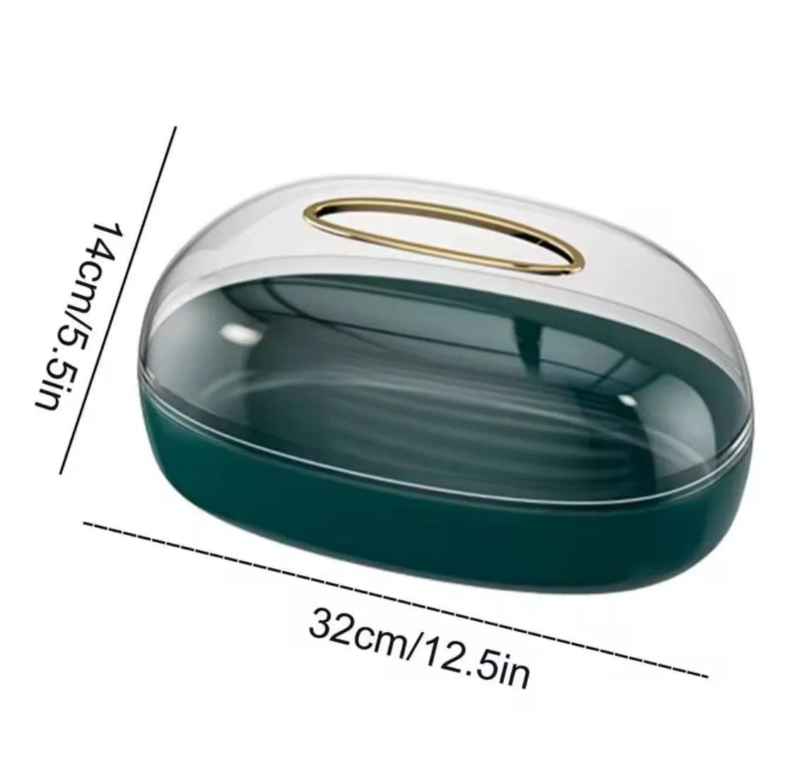 Clarify.pk acrylic tissue box wall-mounted with transparent top and dark green base measuring 32cm by 14cm