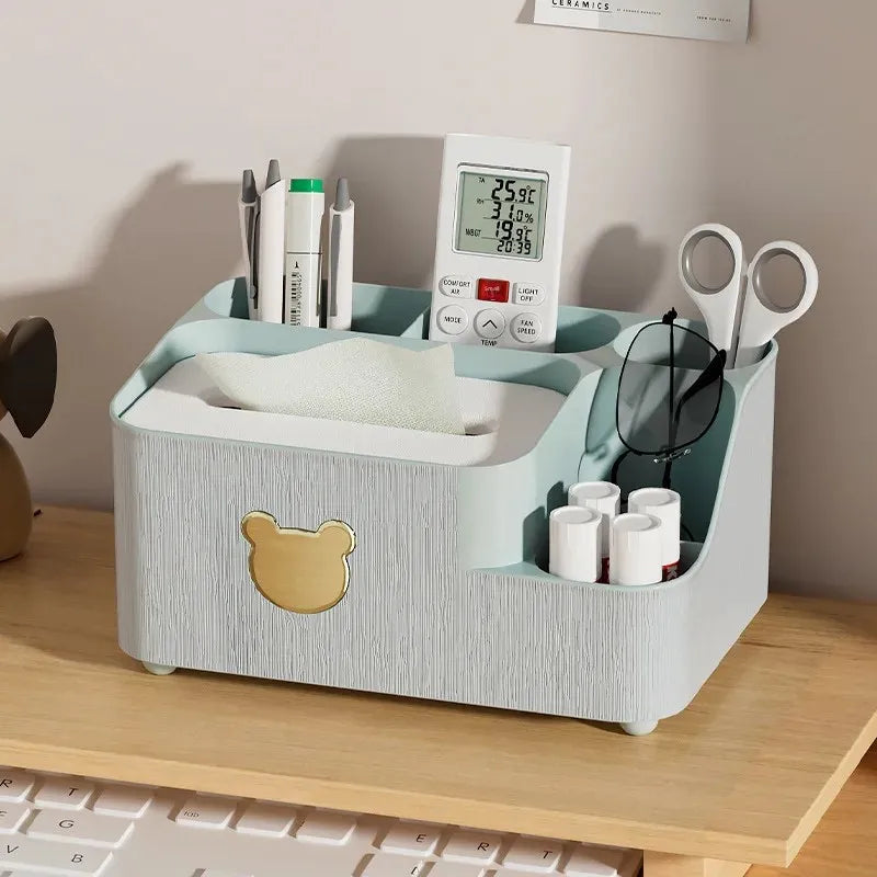Cartoon bear tissue box organizer in light gray with compartments for pens scissors and remote control