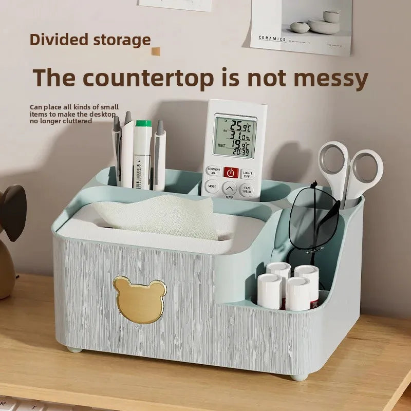 Cartoon bear tissue box organizer in gray with multiple compartments for pens, scissors, and small items