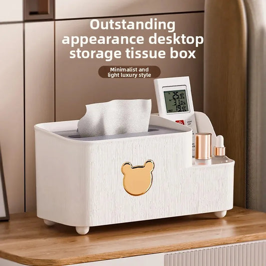 Cartoon bear tissue box organizer in white with minimalist design for desktop storage and small item organization
