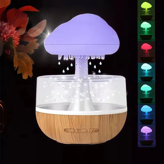 Colorful mushroom cloud humidifier with wood base and LED lights changing colors