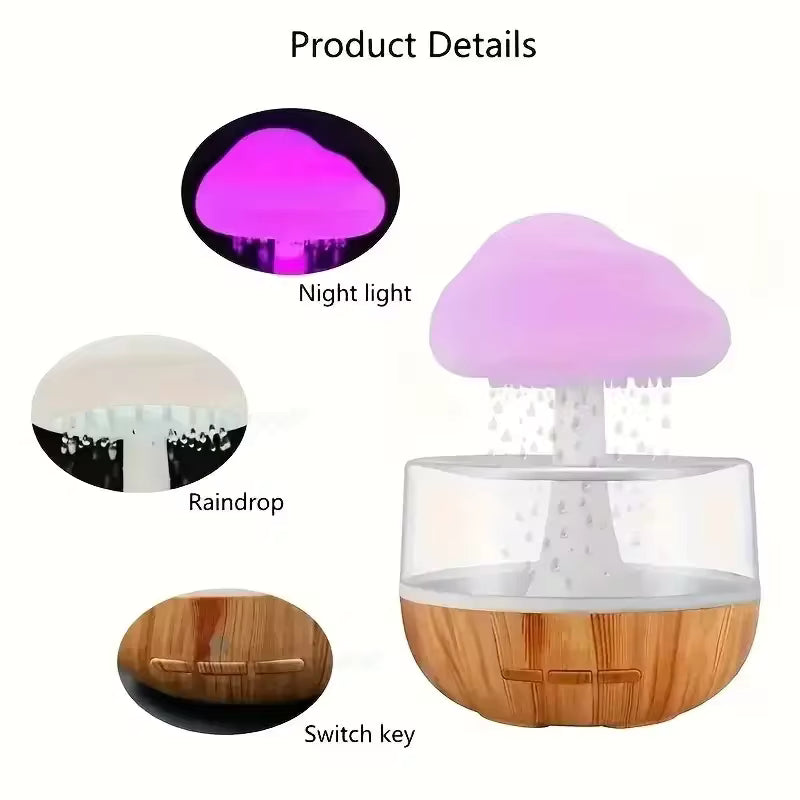 Colorful mushroom cloud humidifier with night light, raindrop mist, and wooden base switch key